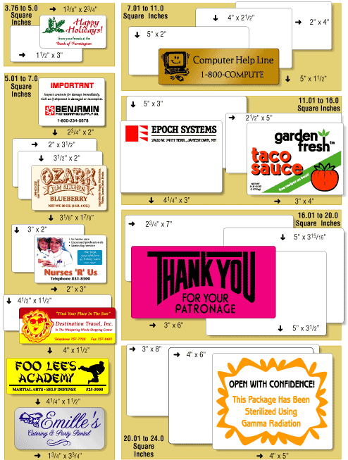 An image of medium rectangular shaped labels showing sizes and the direction that they unwind from roll.